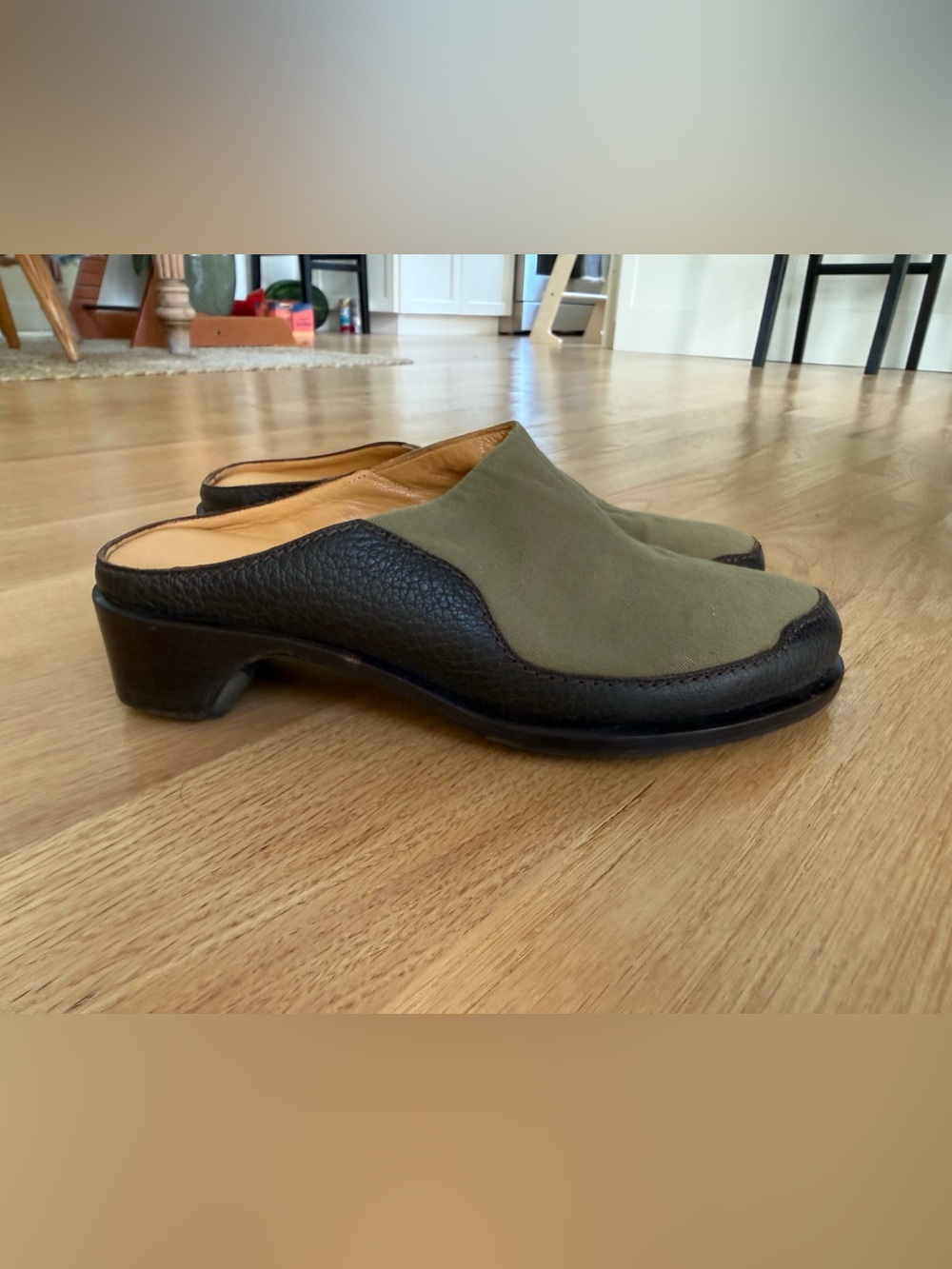 Vintage Hermes La Maison Olive Canvas and Dark Brown Leather Mule